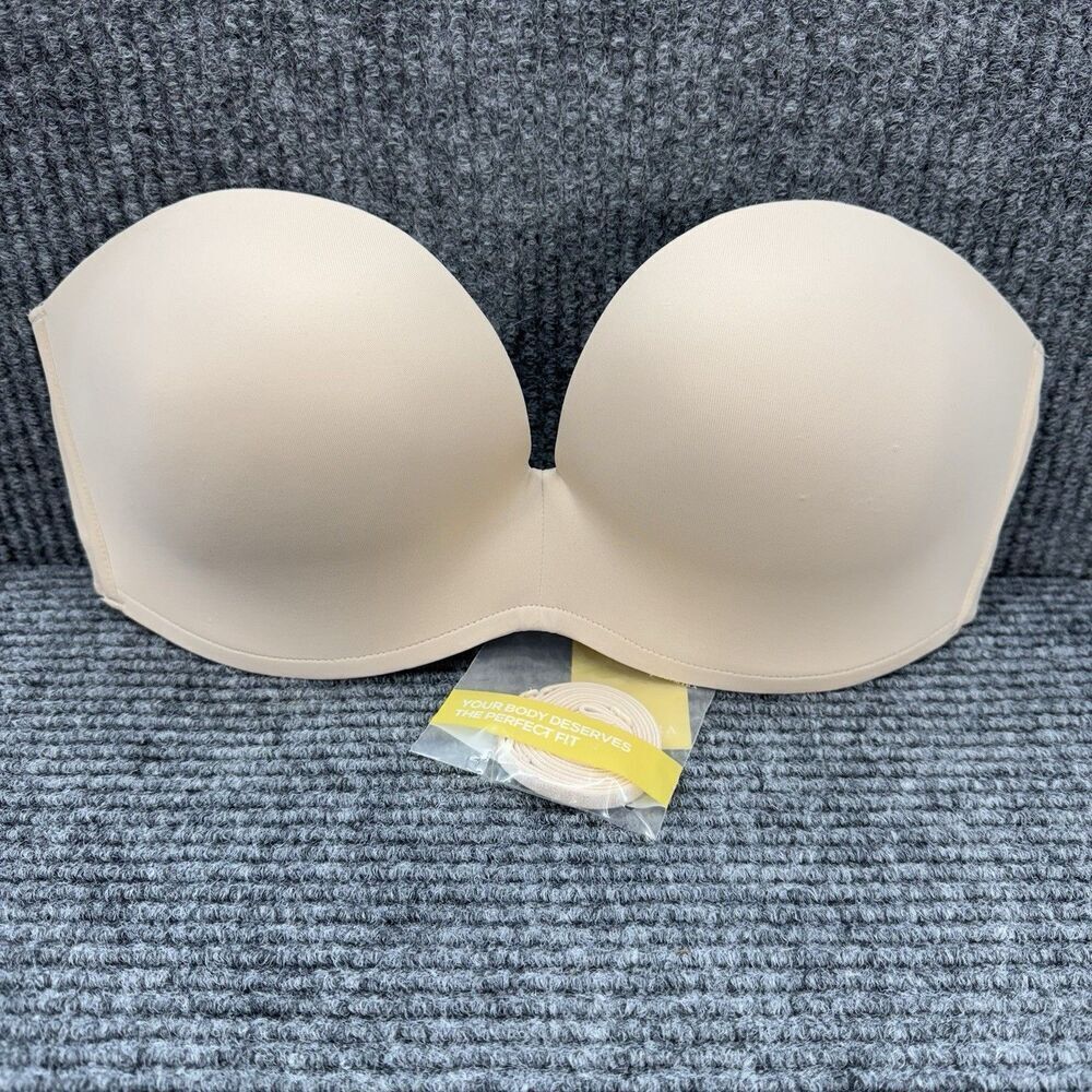 Delimira Strapless Plunge Bra 34D Beige Push Up Flex Underwire Lightly Lined NEW